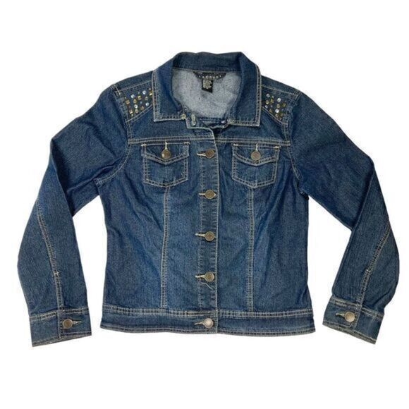 Baccini Denim Jacket Womens Size Medium Blue Dark Washed Embellished Button Up - Picture 1 of 16